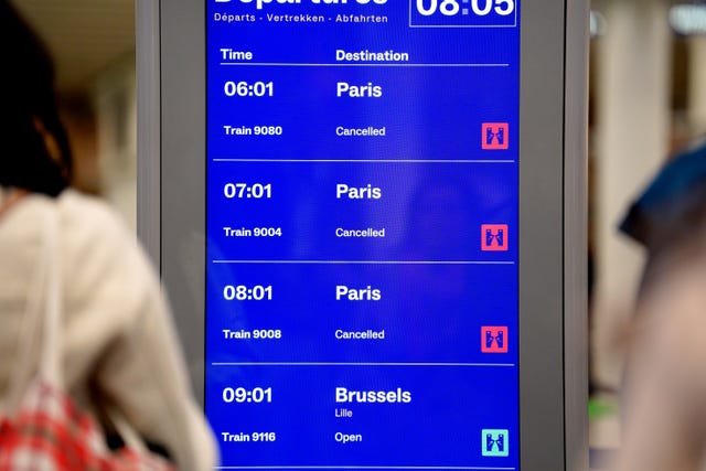 A view of a departures screen at St Pancras International station in London after Eurostar trains to the capital were halted following the discovery of an unexploded Second World War bomb near the tracks in Paris 