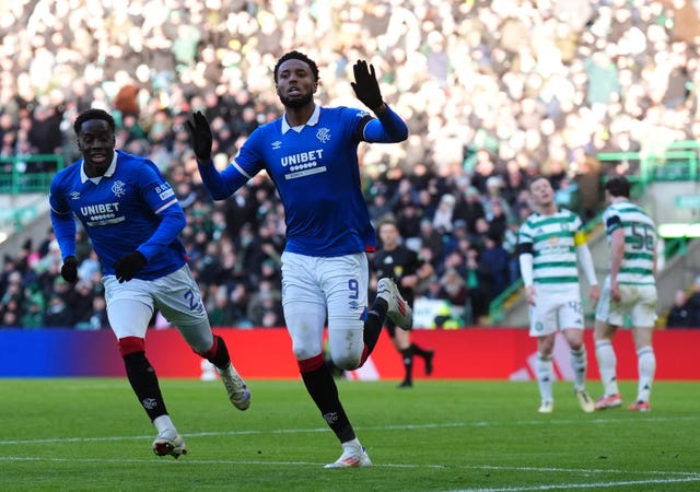Youssef Chermiti celebrates after scoring Rangers’ second goal against Celtic