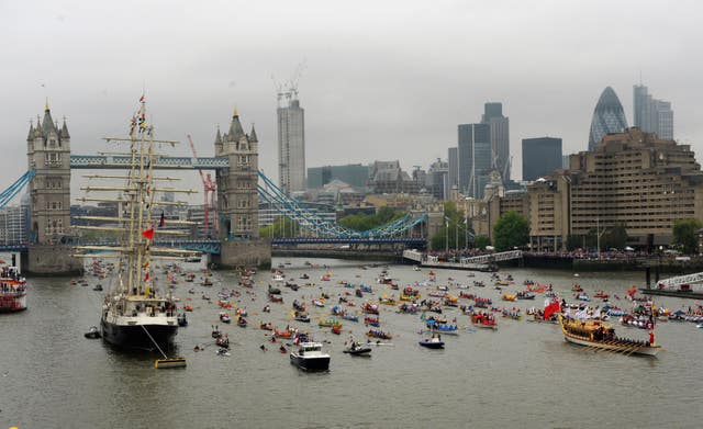 The Gloriana, the £1 million row barge, leading the manpowered section of the Diamond Jubilee River Pageant along the River Thames, London (Tim Ireland/PA)