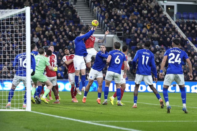 Everton’s Jake O’Brien handles the ball