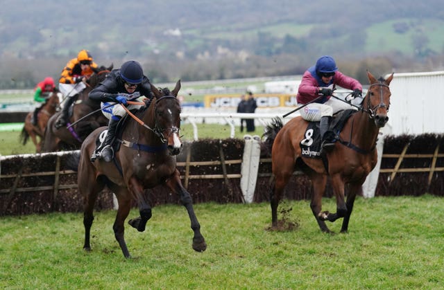 Rock My Way ridden by Tom Scudamore (left) before winning the Ballymore Novices’ Hurdle (Registered As The Classic Novices’ Hurdle) during Festival Trials Day at Cheltenham Racecourse