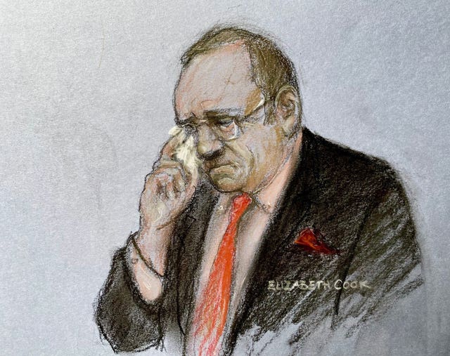Court artist drawing as actor Kevin Spacey wipes tears from his eyes as he found not guilty of sexually assaulting four men 