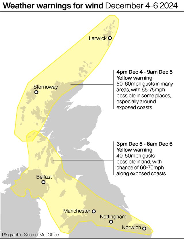 Map showing yellow weather warnings for wind December 4-6 2024