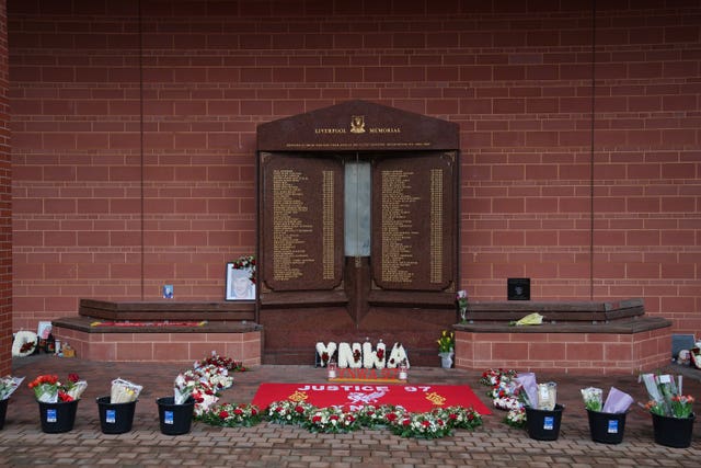 Floral tributes at the Hillsborough Memorial at Anfield, Liverpool