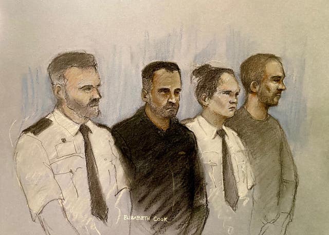 Court artist drawing of Mohammed Shabir (second left) and Calum Sunderland (right) appearing at Bradford Magistrates’ Court