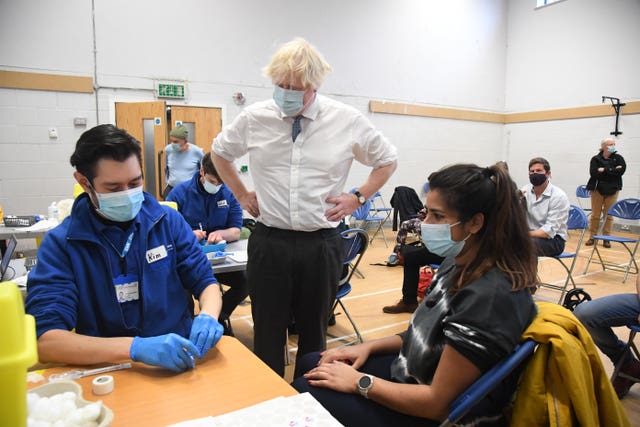 Prime Minister Boris Johnson during a visit to the Stow Health Vaccination centre in Westminster (Jeremy Selwyn/Evening Standard/PA)