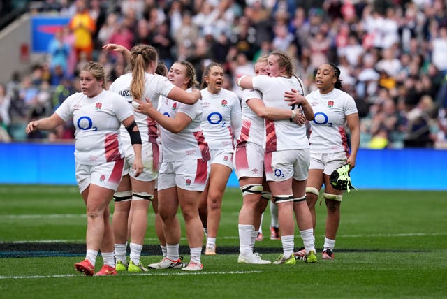 England’s players celebrate after the Guinness Women’s Six Nations match at Twickenham Stadium