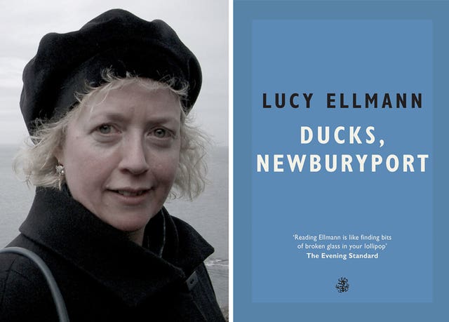 Lucy Ellmann with the front cover of her book, Ducks, Newburyport 