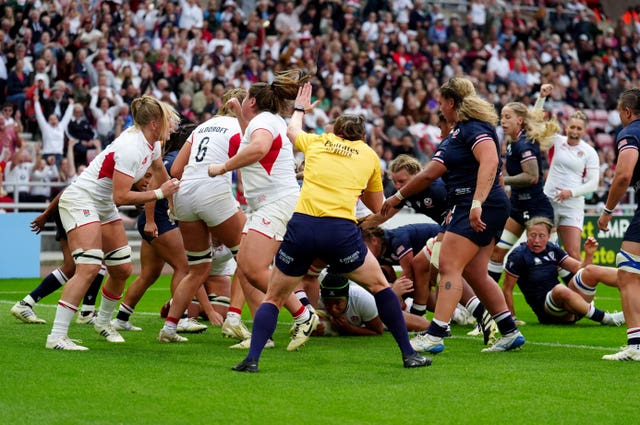 Sadia Kabeya (centre, bottom) goes over for the opening try of the game