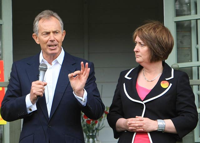 Jacqui Smith watches as Tony Blair speaks