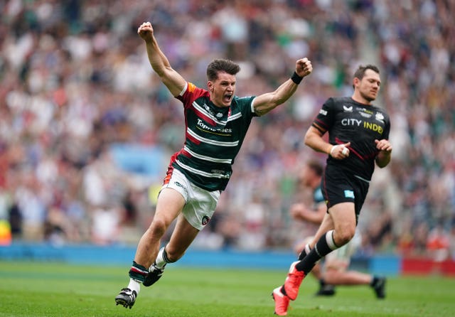 Freddie Burns celebrates at Twickenham after his last-gasp drop goal secured Leicester's ninth Gallagher Premiership title. The fly-half, a first-half replacement for the injured George Ford, coolly slotted the decisive kick with 20 seconds of normal time remaining to earn a 15-12 victory over Saracens. Success for the Tigers dramatically dashed Sarries' hopes of completing a stunning rise following their salary cap scandal and relegation humiliation