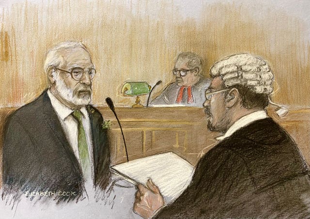 A court sketch of Gerry Adams giving evidence 