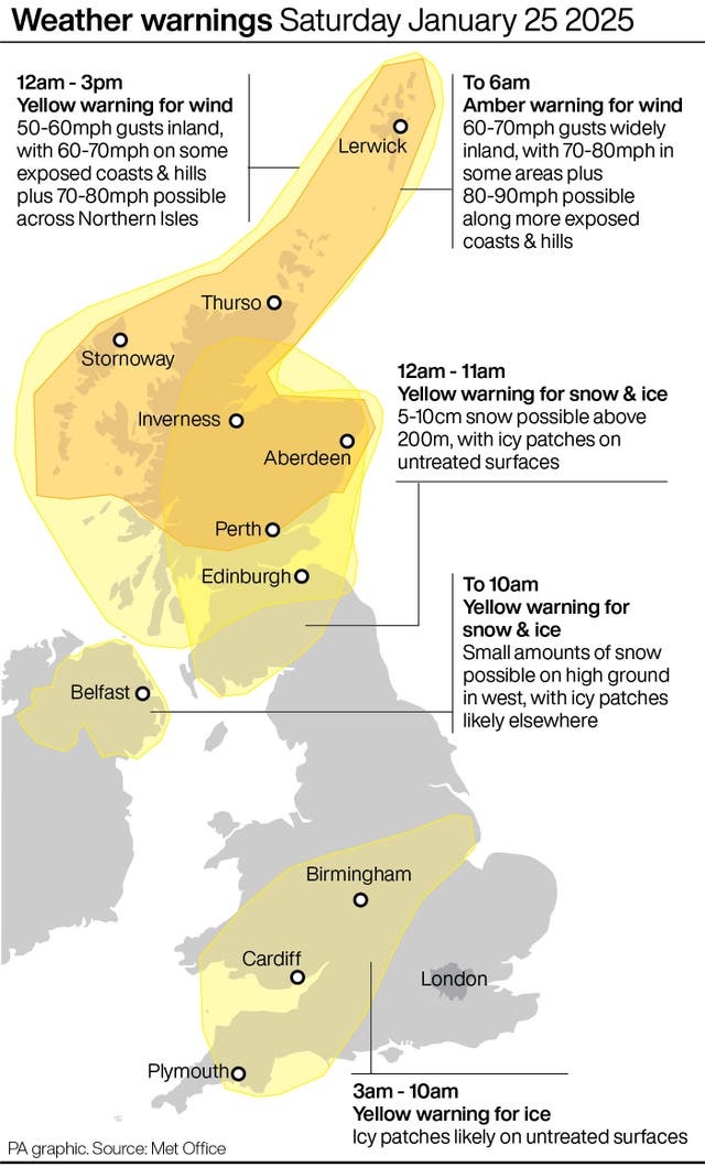 Graphic showing weather warnings for Saturday January 25 2025