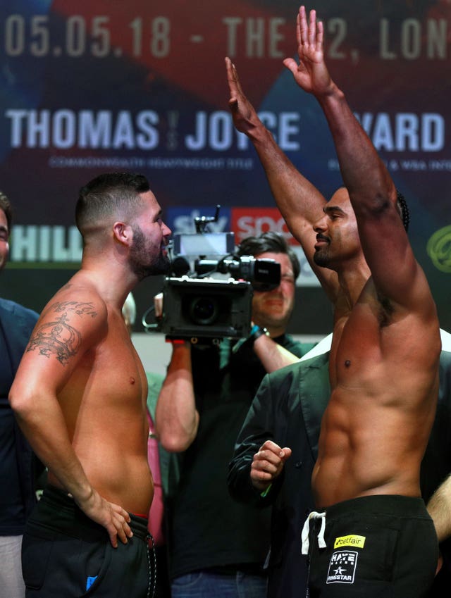 Tony Bellew and David Haye during the weigh-in at the O2 Arena, London 