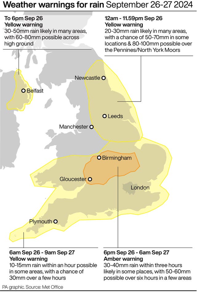 Map highlighting in yellow and amber the different parts of the UK which are covered by the respective weather warnings