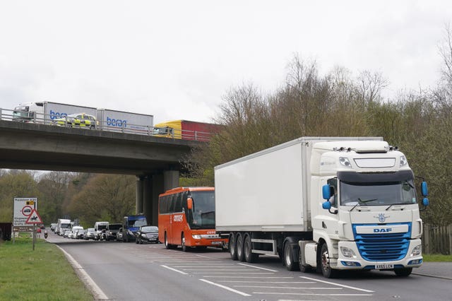 Lorries queued on the A20 near Maidstone in Kent 