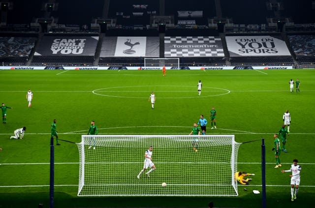 Carlos Vinicius, front centre, scores his second of the game against Ludogorets after unselfish play by Spurs team-mate Dele Alli