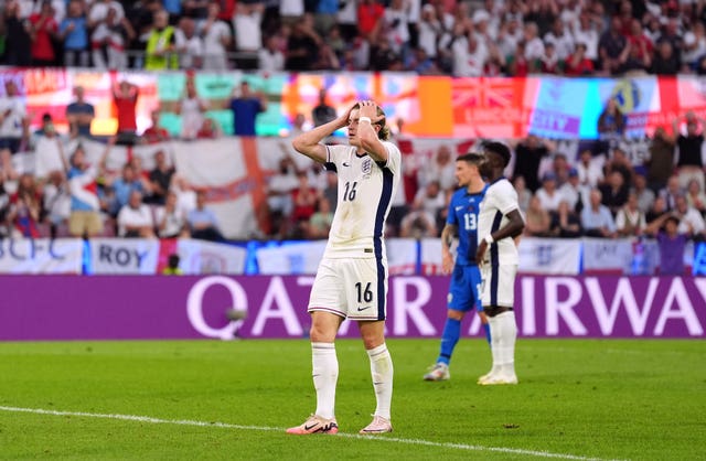 England’s Conor Gallagher reacts to a missed chance during the Euro 2024 game against Slovenia