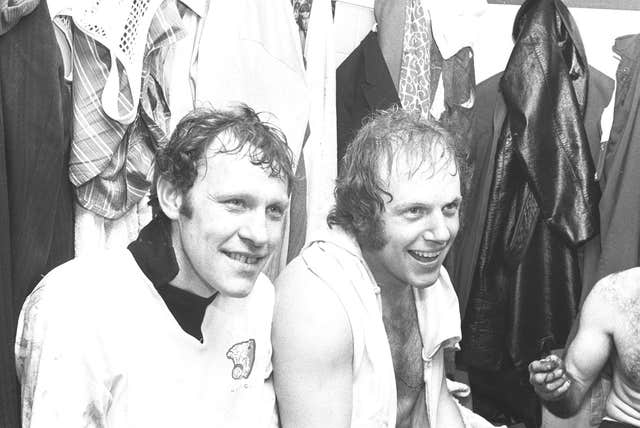 Ronnie Radford (left) and Ricky George (right) after their goals for non-league Hereford upset Newcastle in 1972.