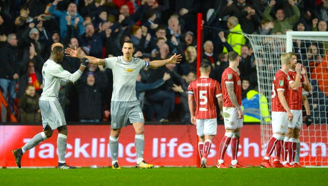 Zlatan Ibrahimovic celebrates his only goal of the 2017-18 season so far 