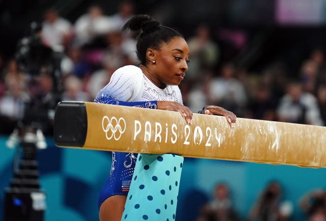 Simone Biles after falling from the beam during the women’s balance beam final