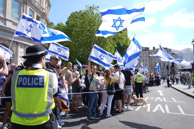 People take part during a Bring Hostages Home event in central London, to demand the immediate release of Israeli hostages from Gaza