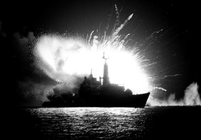 HMS Antelope under fire