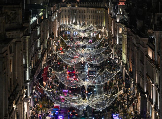 Aerial view of Christmas lights on Regent Street and S James’s Market