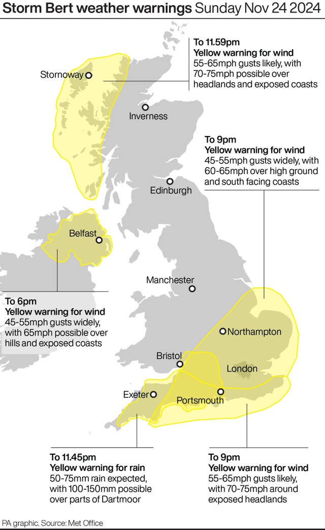 Map of UK showing weather warnings indicated in yellow