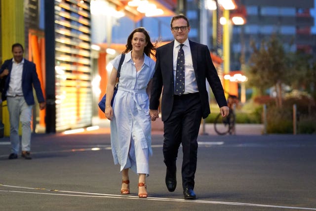 Tom Tugendhat leaves with his wife, Anissia, following the first leadership debate 