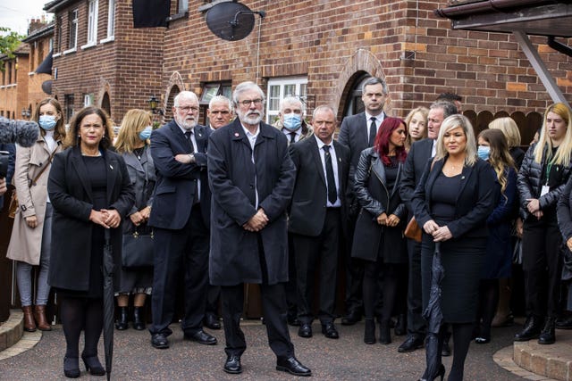 Sinn Fein leader Mary Lou McDonald, former party leader Gerry Adams, and deputy First Minister Michelle O’Neill attending the funeral 
