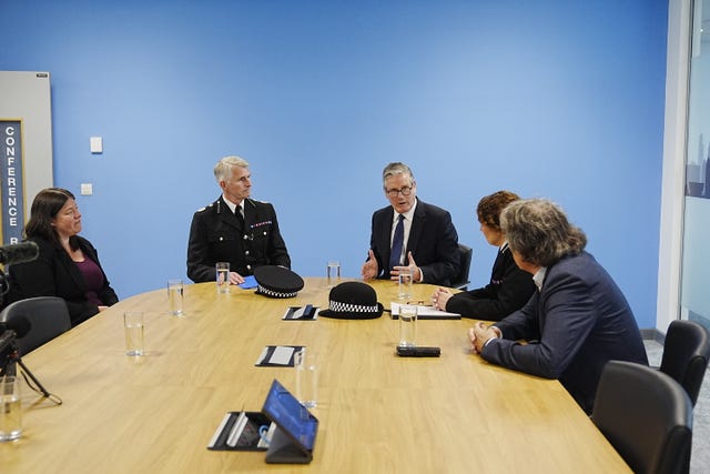 Prime Minister Sir Keir Starmer meeting with Police and Crime Commissioner Emily Spurrell (left), Deputy Chief Constable Chris Green (second left), Assistant Chief Constable Jenny Sims, and the Mayor of Liverpool City Region, Steve Rotheram (right), at Merseyside Police Headquarters, following the incident 