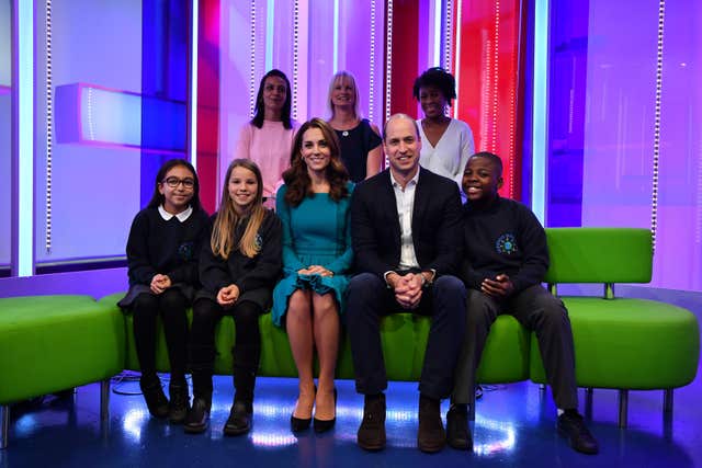 The Duke and Duchess of Cambridge with parents and children who gave feedback on an app designed to combat online bullying