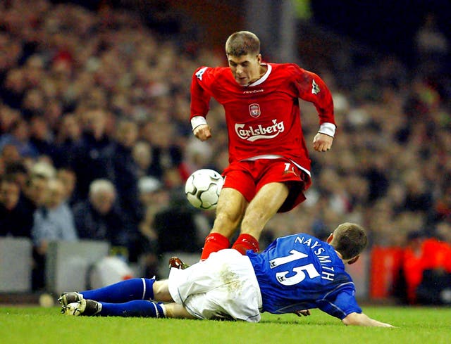 Steven Gerrard tackles Gary Naysmith