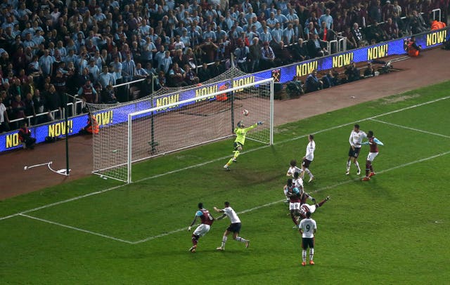 Winston Reid heads in the final goal scored at Upton Park in West Ham's 3-2 win over Manchester United