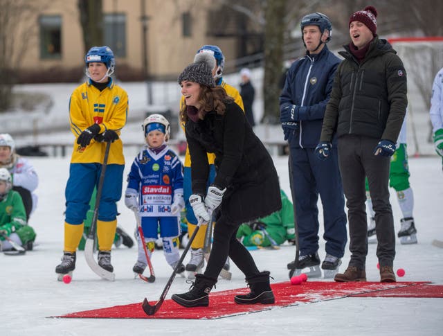 The Duchess of Cambridge hits a hockey ball during an official visit to Sweden (Arthur Edwards/The Sun/PA)