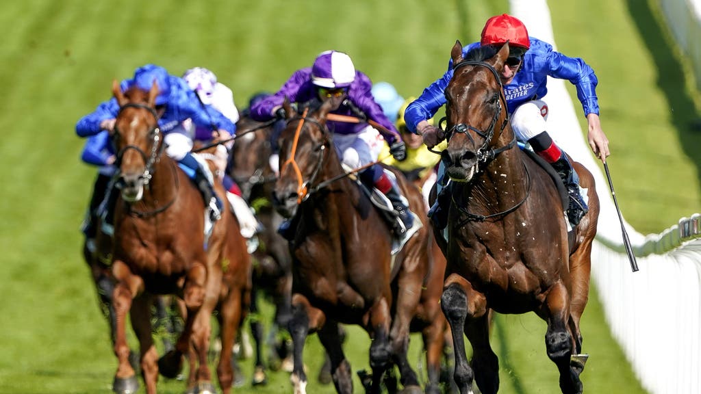 Mojo Star (centre, purple) chases home Adayar in the Cazoo Derby at Epsom