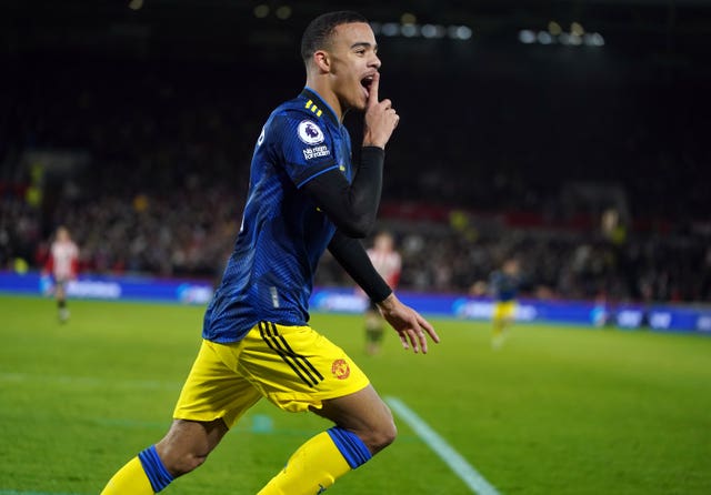 Manchester United’s Mason Greenwood celebrates scoring the second goal of the game during a Premier League match against Brentford in January 