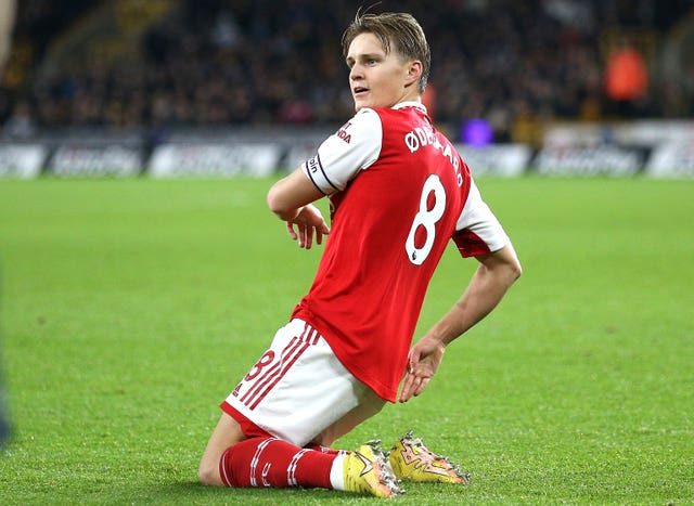 Martin Odegaard celebrates his second goal 