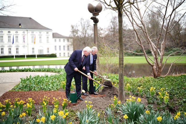The King and German President Frank-Walter Steinmeier plant a tree after attending a Green Energy reception at Bellevue Palace, Berlin, the official residence of the President of Germany