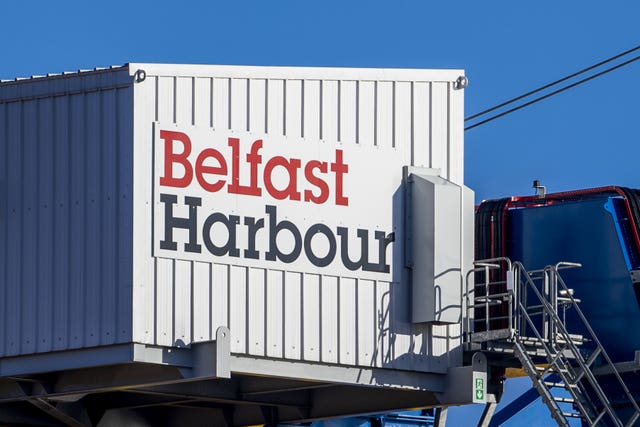 A general view of a Belfast Harbour sign on a container crane at at the Port of Belfast in 2023