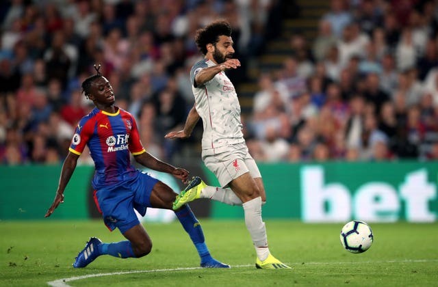 Crystal Palace’s Aaron Wan-Bissaka was sent off for a last-man foul on Mohamed Salah (Nick Potts/PA).