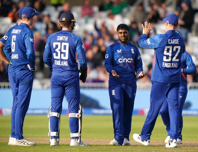 Rehan Ahmed, second right, has made seven appearances for England (Tim Goode/PA)