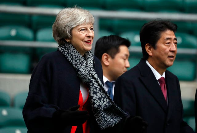 Mrs May and Mr Abe during their visit to Twickenham Stadium