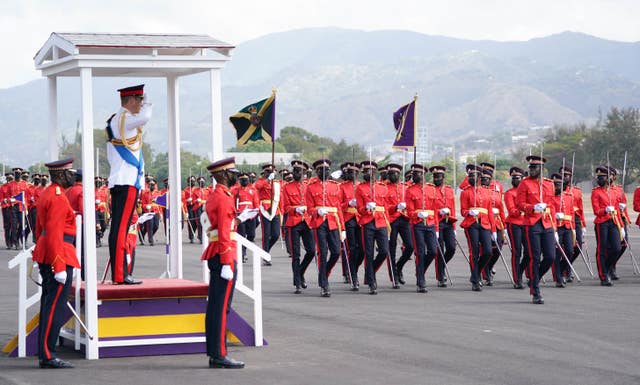 The Duke of Cambridge attends the inaugural commissioning parade for service personnel from across the Caribbean who have recently completed the Caribbean Military Academy’s Officer Training Programme, in Kingston, Jamaica, on day six of his tour of the Caribbean on behalf of the Queen to mark her Platinum Jubilee