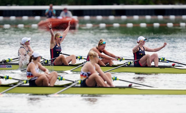 Lauren Henry, Hannah Scott, Lola Anderson and Georgie Brayshaw celebrating in their boat