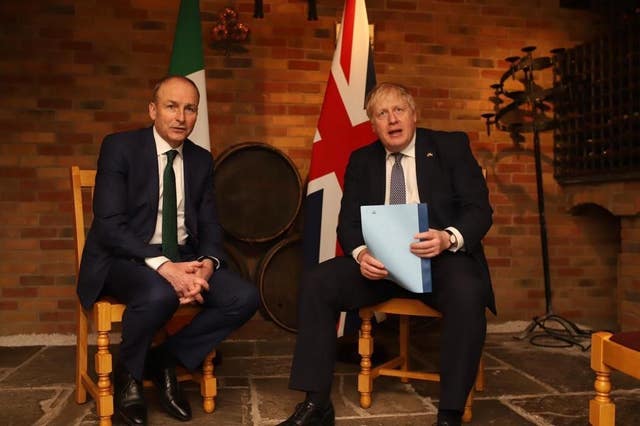 Micheal Martin speaking to Boris Johnson at Twickenham Stadium ahead of a rugby match between their nations earlier this year