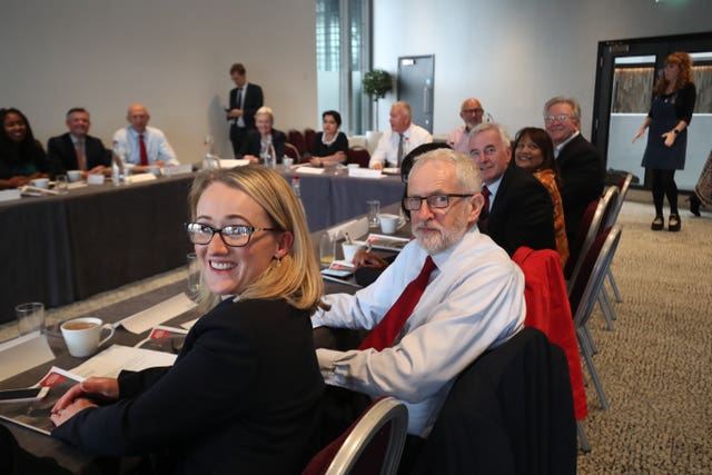 Labour leader Jeremy Corbyn with members of his shadow cabinet in the Lowry Theatre in The Quays in Salford