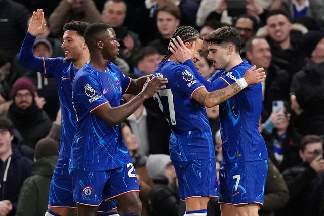 Pedro Neto, right, celebrates after scoring Chelsea’s second goal against Southampton