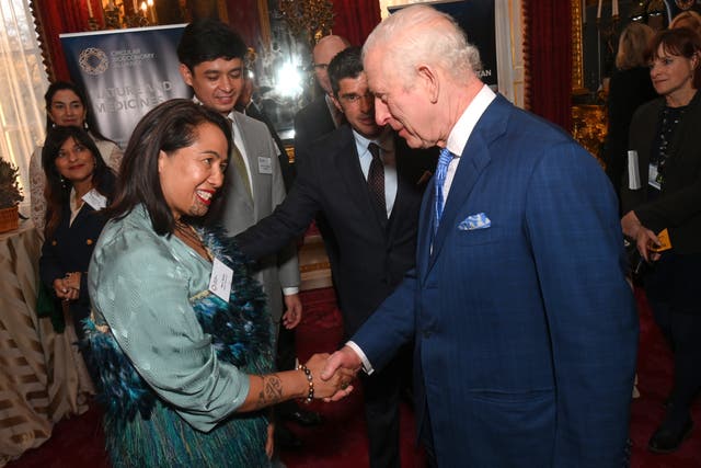 The King shakes hands with Mere Takoko at the launch of the Circular Bioeconomy Alliance at St James’s Palace in London